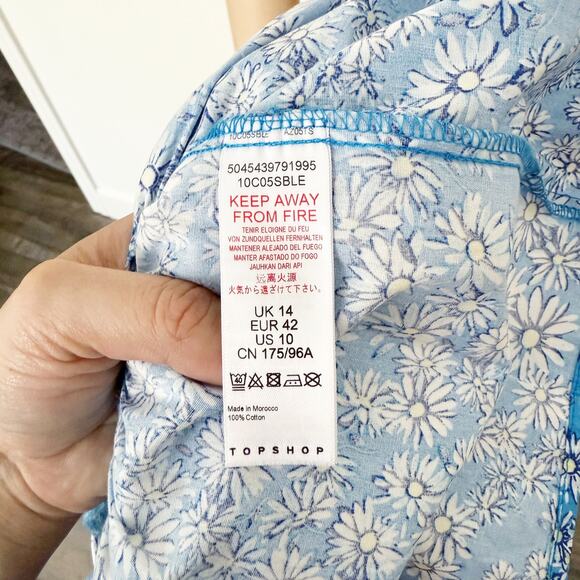 [Topshop] Blue Ditsy Floral Open Back Ruffle Hem Poplin Mini Shift Dress Size 10 - Picture 12 of 12